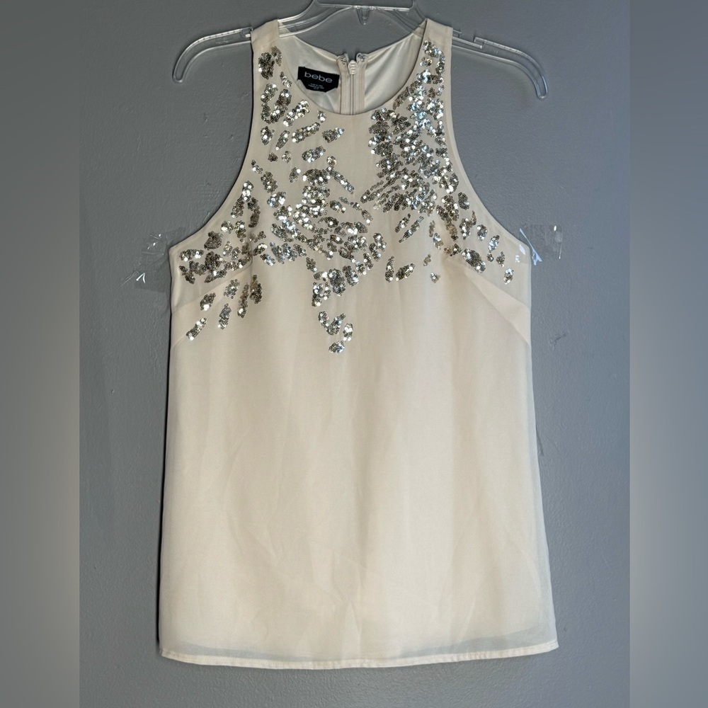 VTG Bebe Beige Sleeveless Top Sequined Sz XS Tunic Y2K Party  Sparkly Girly‎